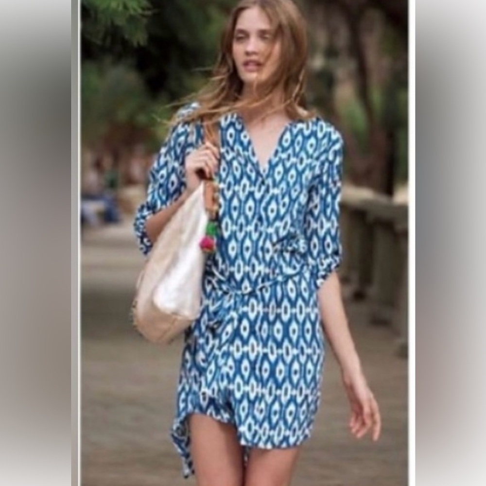 Maeve Blue and White Ikat Print Shirt Dress